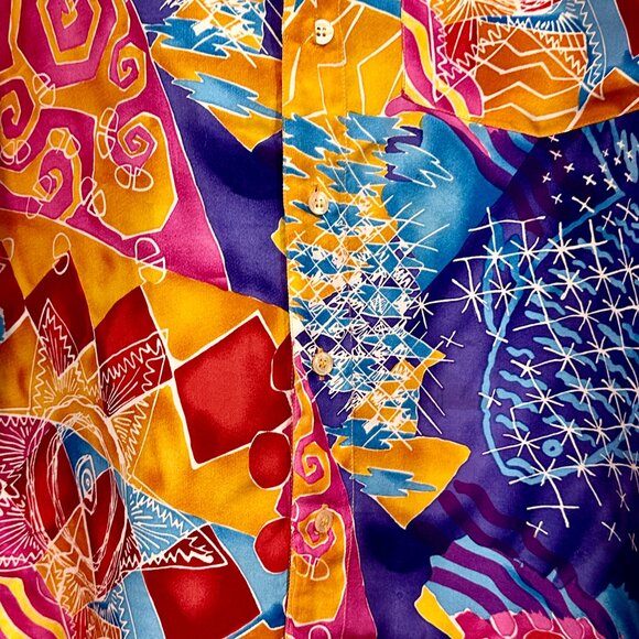 Silk Club Blouse VTG MultiColor 100% Silk Button Front Long Slvs Pocket Size 3XL - Picture 9 of 10